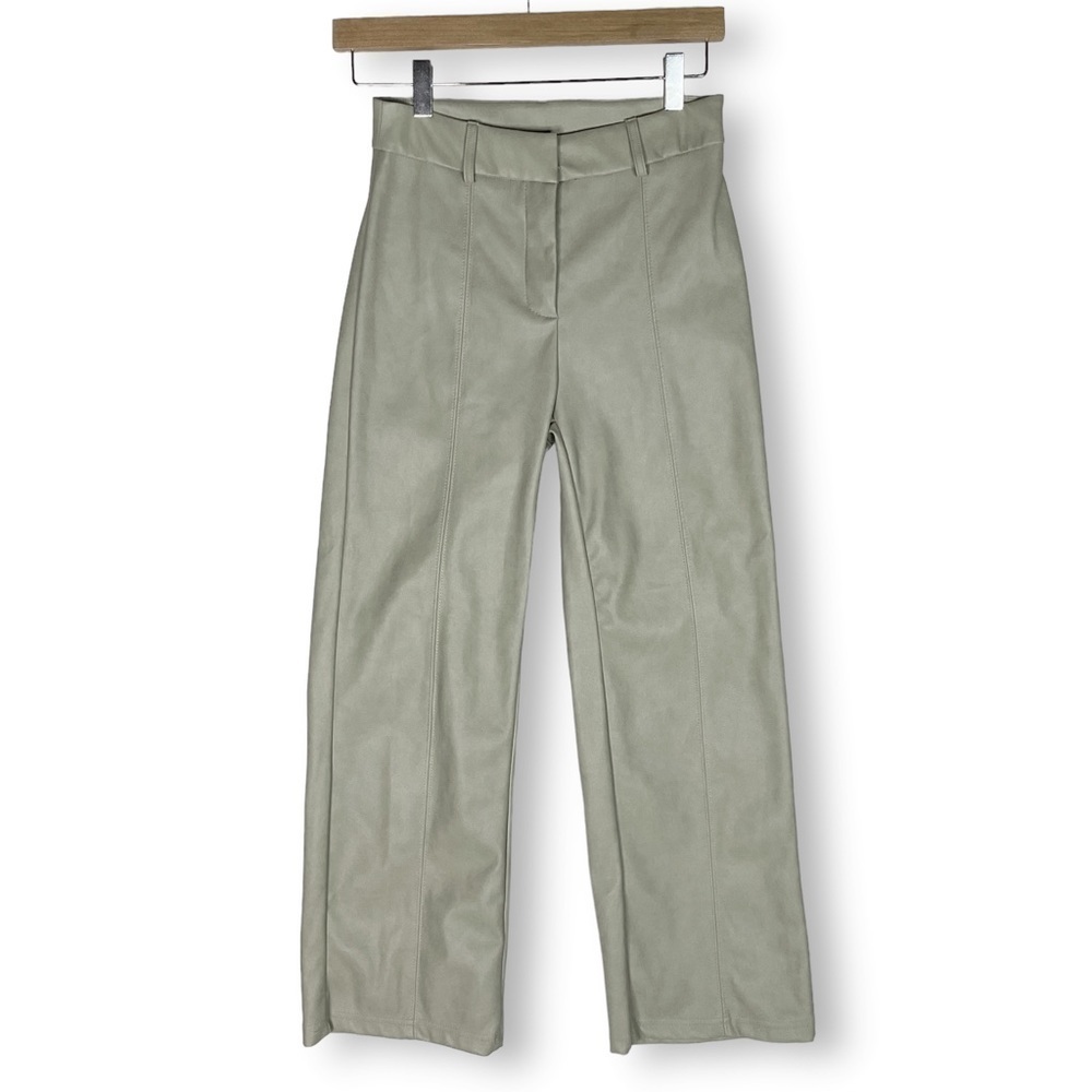 Zara Faux Leather Pants High Rise Wide Leg Ankle Crop Light Sage Sz XS